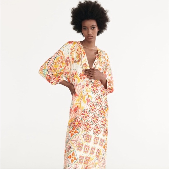 Zara Dresses & Skirts - Zara Dress Small White Colorful Patchwork Shimmer Shift 3/4 Sleeve Boho